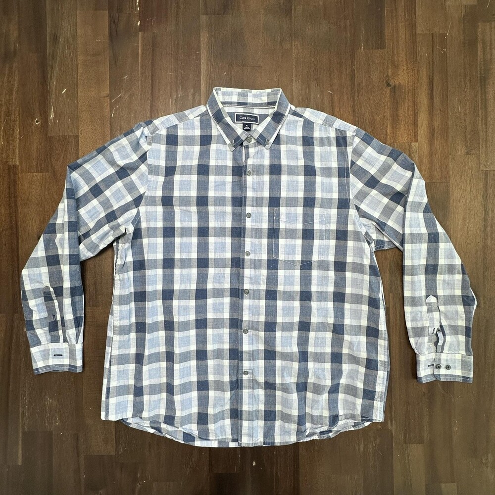 Club Room Shirt Mens XL Blue Gray Plaid Button Down Collar Cotton Long Sleeve